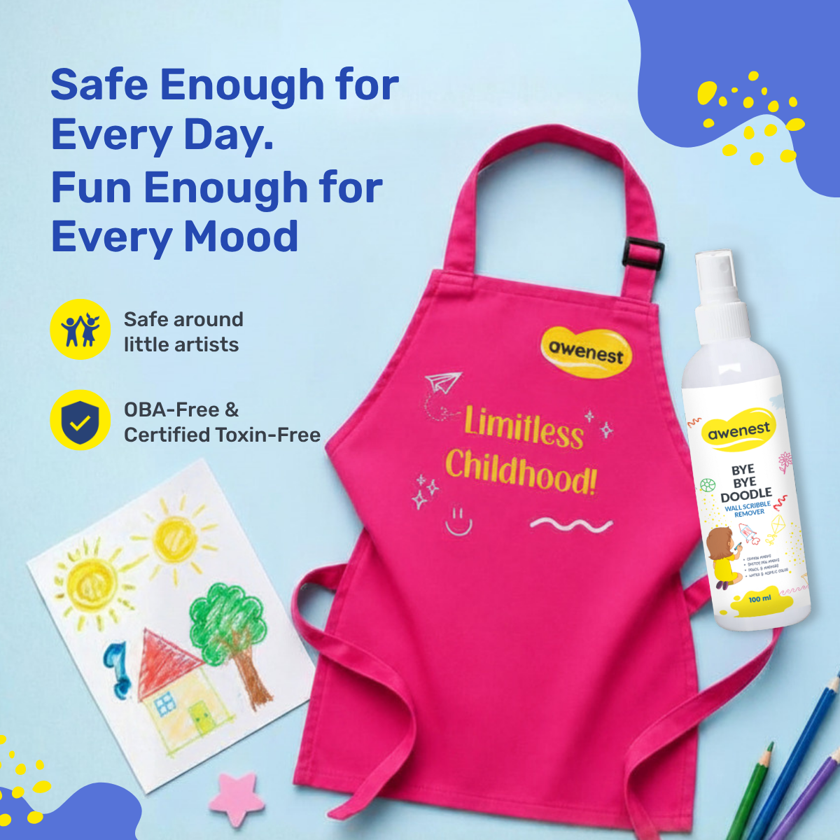 Pack of 10 - Kids Art & Activity Combo | Artist Apron + Bye Bye Doodle Scribble Remover
