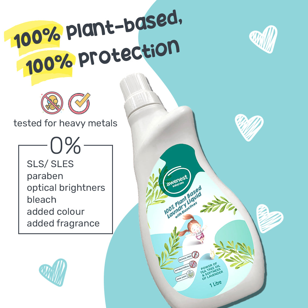 awenest Baby Laundry Liquid Detergent - 100% Plant-based with Bio-Enzymes | Antibacterial Tea Tree Oil | Softness of Lavender | 100% Made for Babies | 1 Liter