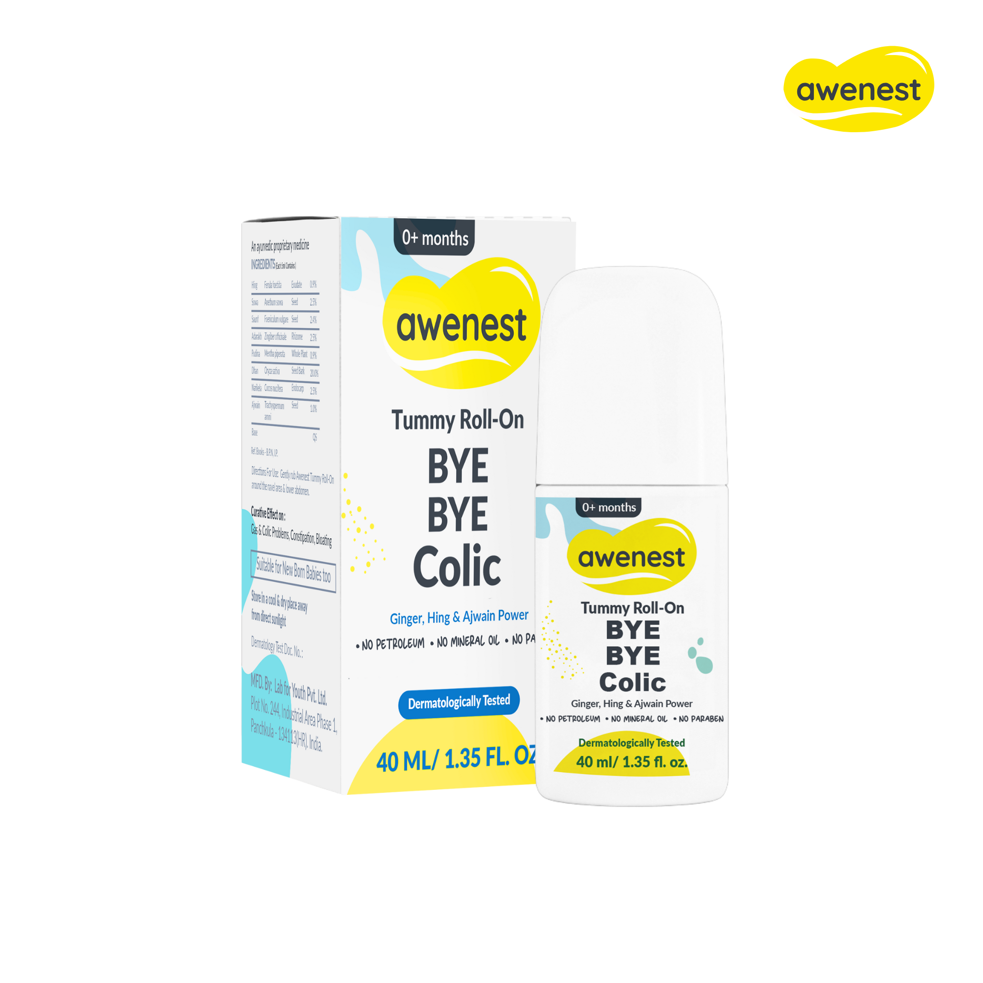 Tummy Roll-On Bye Bye Colic, Ayurvedic Medicine with Ginger, Hing & Ajwain For 0+ years - Pack of 2 awenest