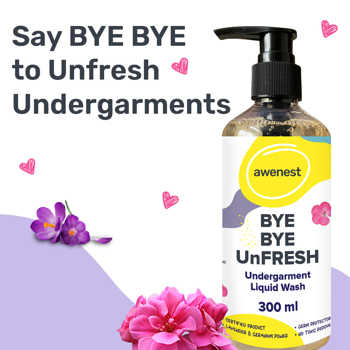 Undergarment Liquid Wash Detergent -Bye Bye UnFresh | Plant-based Bioactives | Geranium and Lavender | Removes Tough Stains | No Toxic Residue | Germ Protection