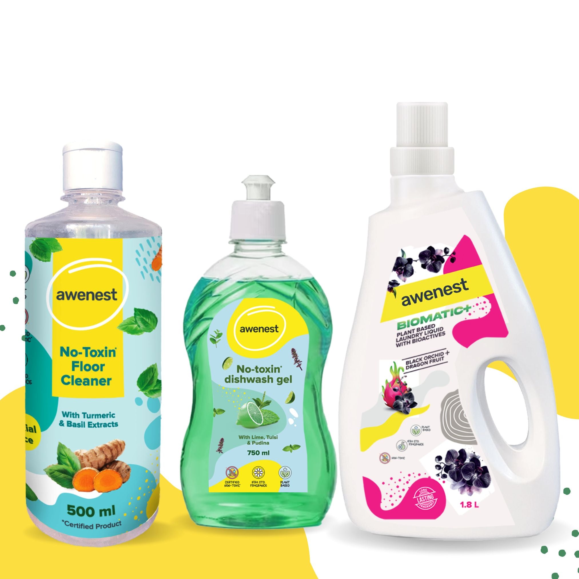 Monthly Toxin-free Combo - 750 ml Dishwash, 500 ml Floor Cleaner and 1.8 L Laundry Liquid