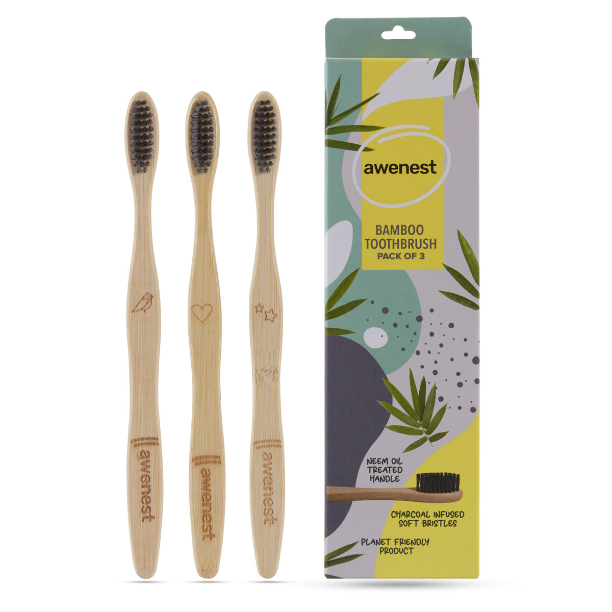 Charcoal coated bristles, neem oil coated bamboo toothbrush - pack of 3