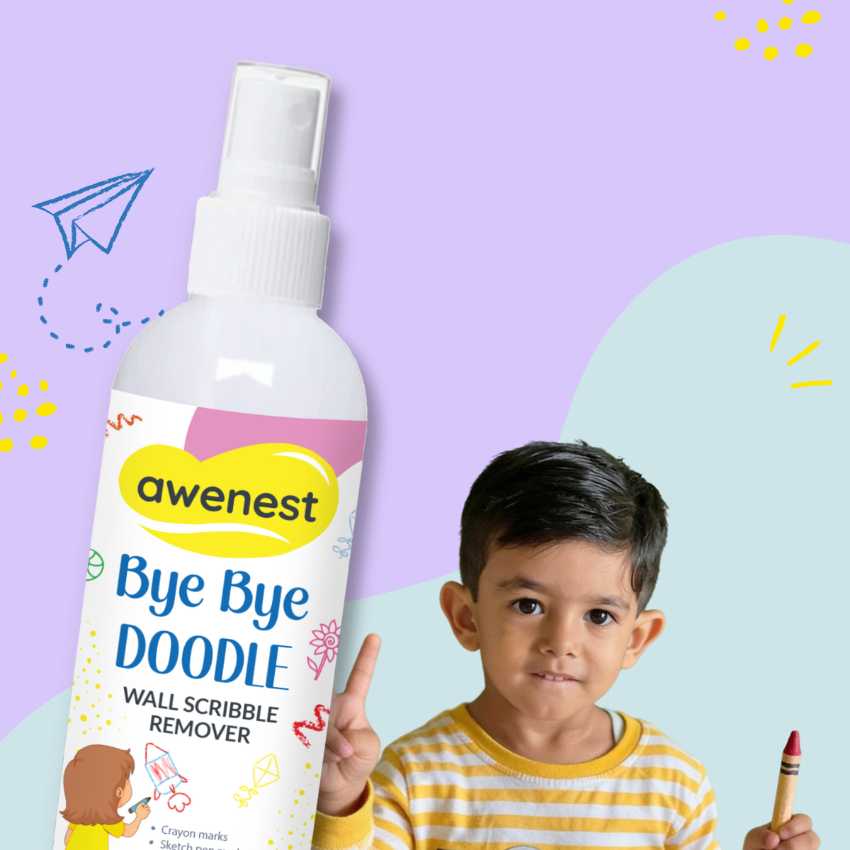 Bye Bye Doodle - Wall Scribble Remover, works on crayon, pen, sketch pen marks awenest