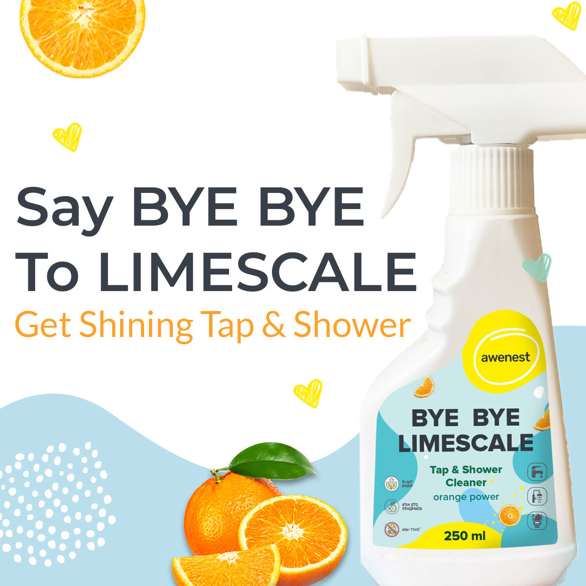 Tap and Shower Cleaner with Orange Power | Tough Limescale Remover for Taps, Showers, Tiles, Electric Kettle | Sulphate-free | Ammonia-free awenest