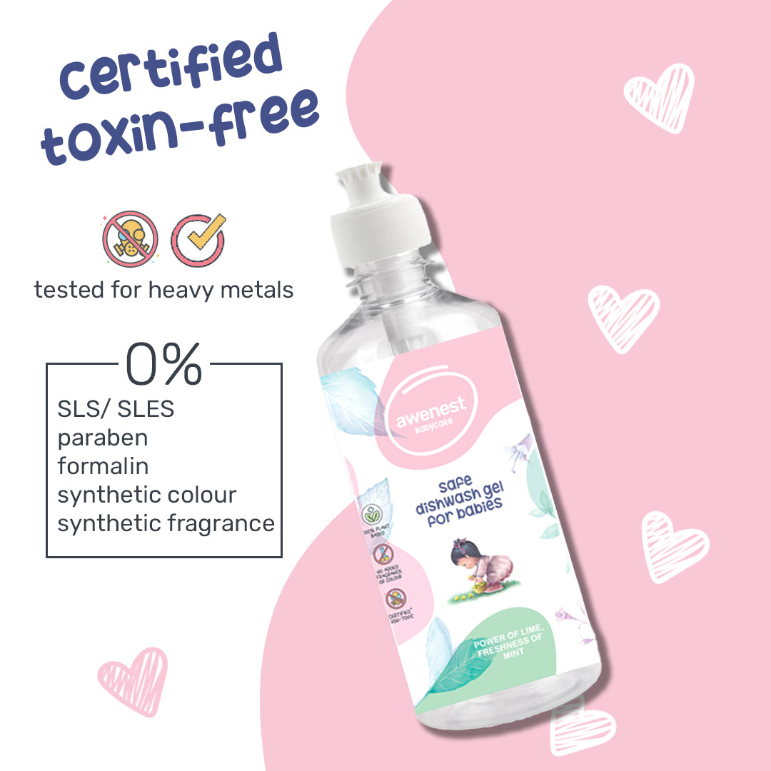 awenest Certified toxin-free baby dishwash liquid with 0% SLS/SLES, paraben, synthetic color, fragrance