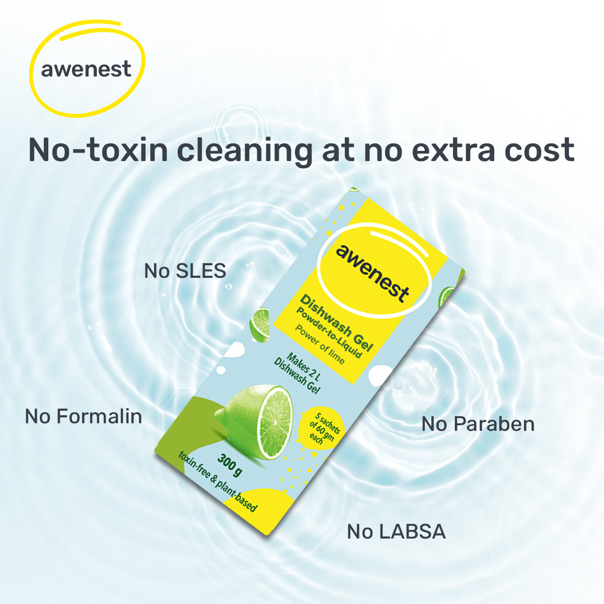 awenest No-toxin, plant-based powder to liquid dishwash, no sles, formalin, paraben, labsa