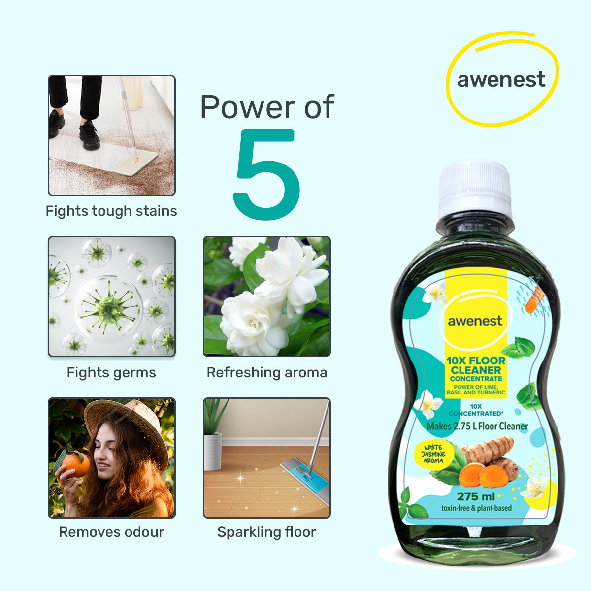 awenest 10X plant-based, turmeric, basil, lime floor cleaner disinfectant, jasmine fragrance