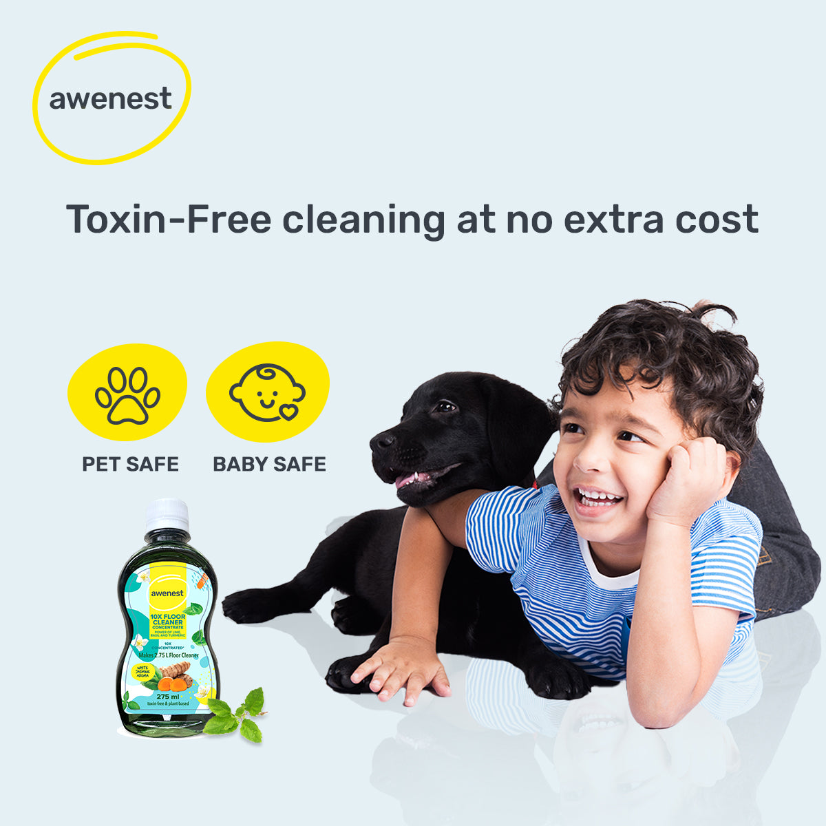 awenest 10X child-safe, pet-safe, turmeric, basil, lime floor cleaner disinfectant, jasmine fragrance