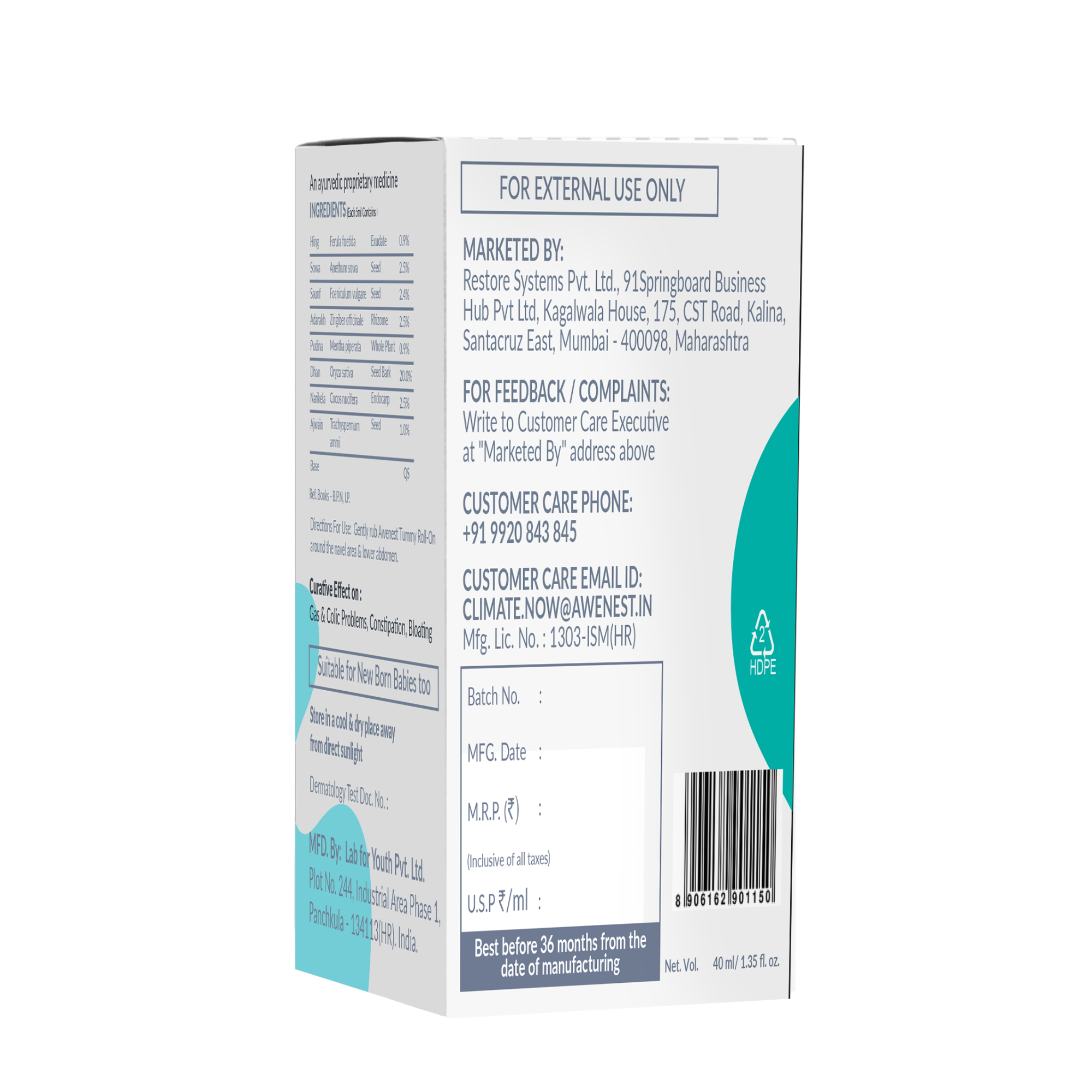 Tummy Roll-On Bye Bye Colic, Ayurvedic Medicine with Ginger, Hing & Ajwain For 0+ years - Pack of 2 awenest