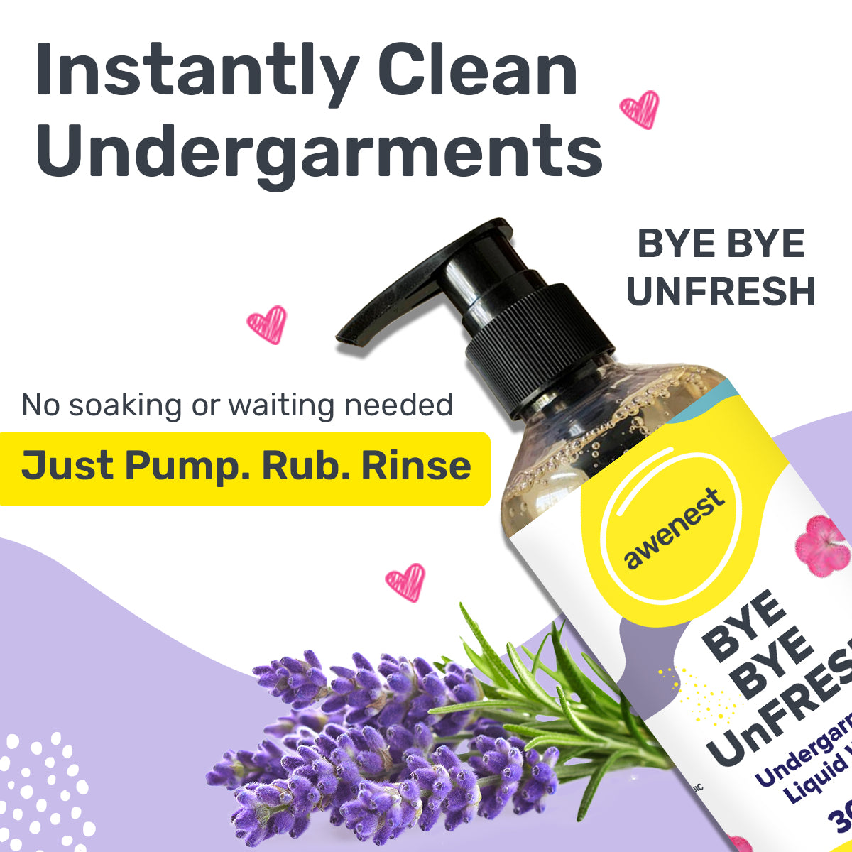 Undergarment Liquid Wash Detergent -Bye Bye UnFresh | Plant-based Bioactives | Geranium and Lavender | Removes Tough Stains | No Toxic Residue | Germ Protection