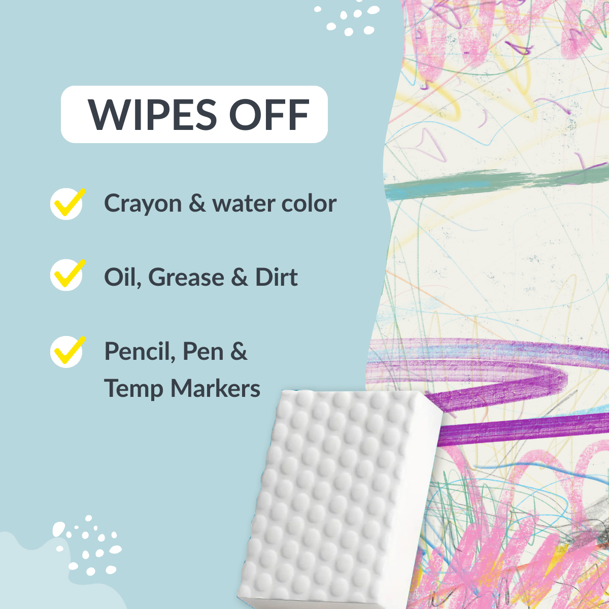 Bye Bye Wall Mess Sponge Eraser | Magic Cleaning Sponge | Removes Crayon, Pencil, Marker & Grease | For Walls, Tiles & Laminates | Pack of 1