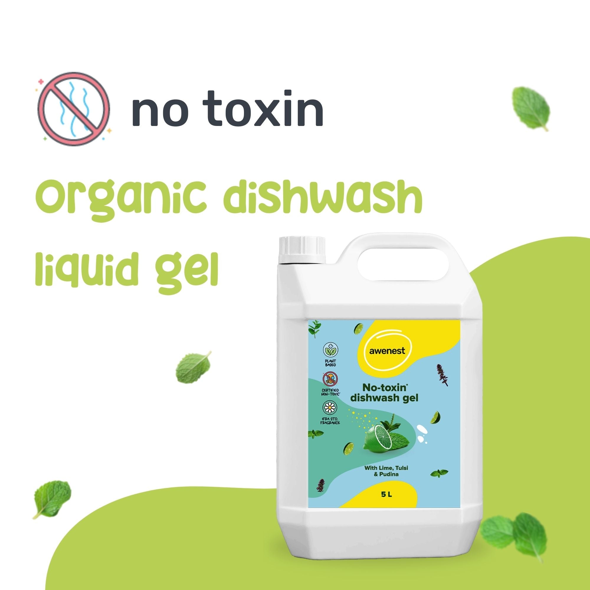 Lime, Tulsi and Pudina Dishwash Liquid Gel, Organic, No-Toxin Dishwash Gel, Tough on Grease, Easy on Hands