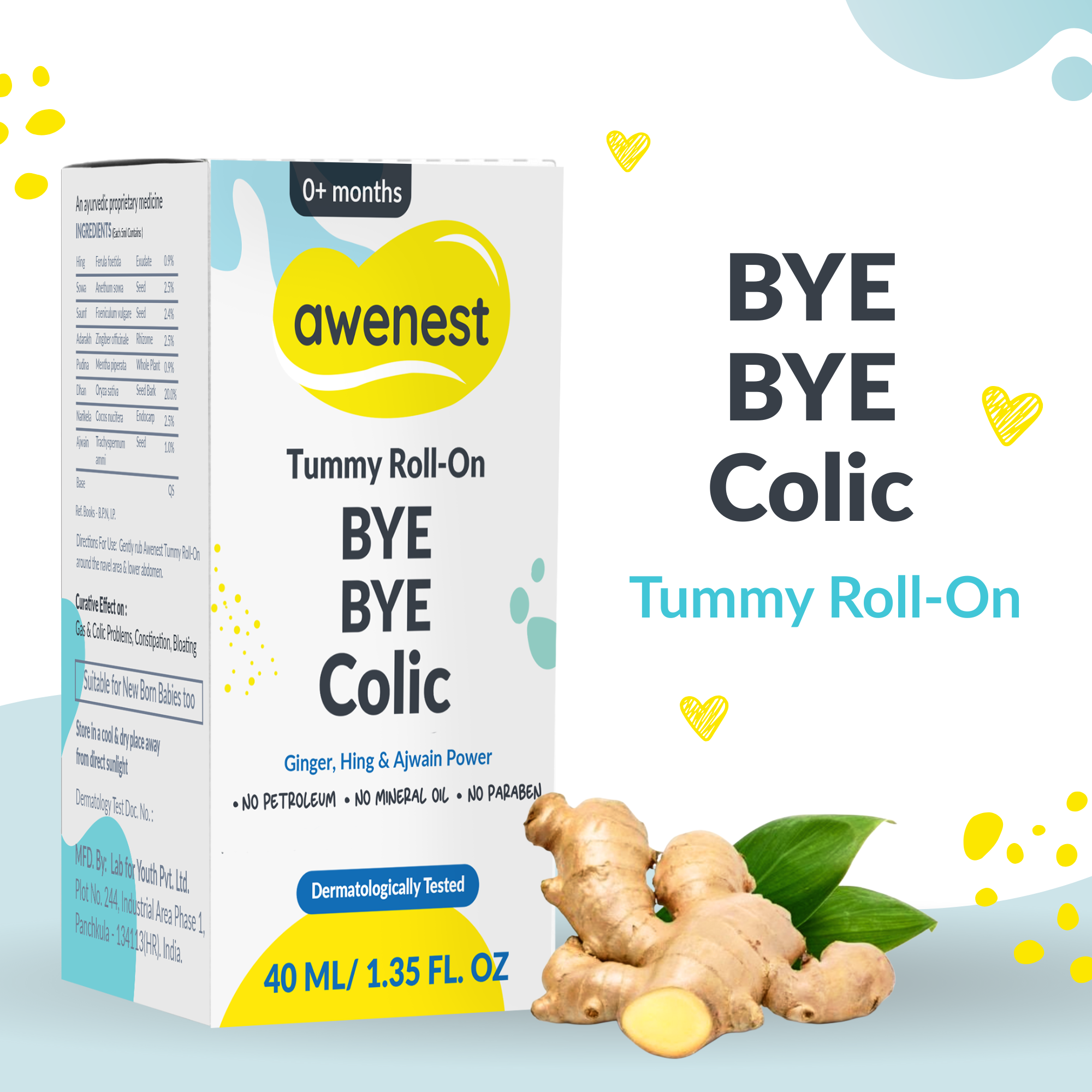 Tummy Roll-On Bye Bye Colic, Ayurvedic Medicine with Ginger, Hing & Ajwain For 0+ years - Pack of 2 awenest