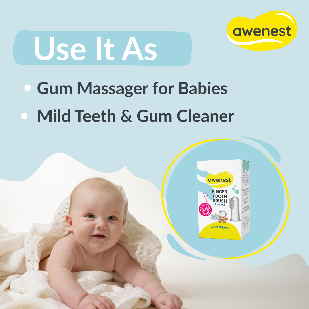 awenest Silicone Baby Finger Manual Toothbrush | Certified Bpa-Free | For Cleaning and Massaging Gums | For Kids & New Born Baby | Kids Finger Toothbrushes Pack Of 2 awenest