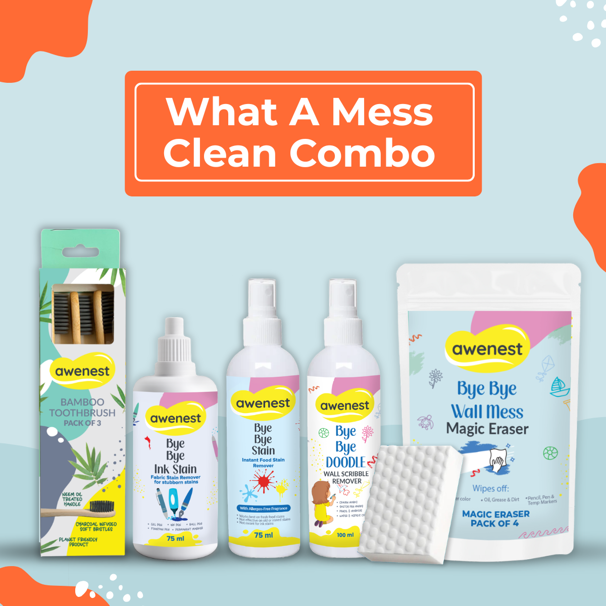 What a Mess! Super Combo - Bye Bye Stain x2 + Bye Bye Doodle x2 + Magic Eraser x4 + Ink Stain 75 ml + Pack of 3 Bamboo Toothbrush