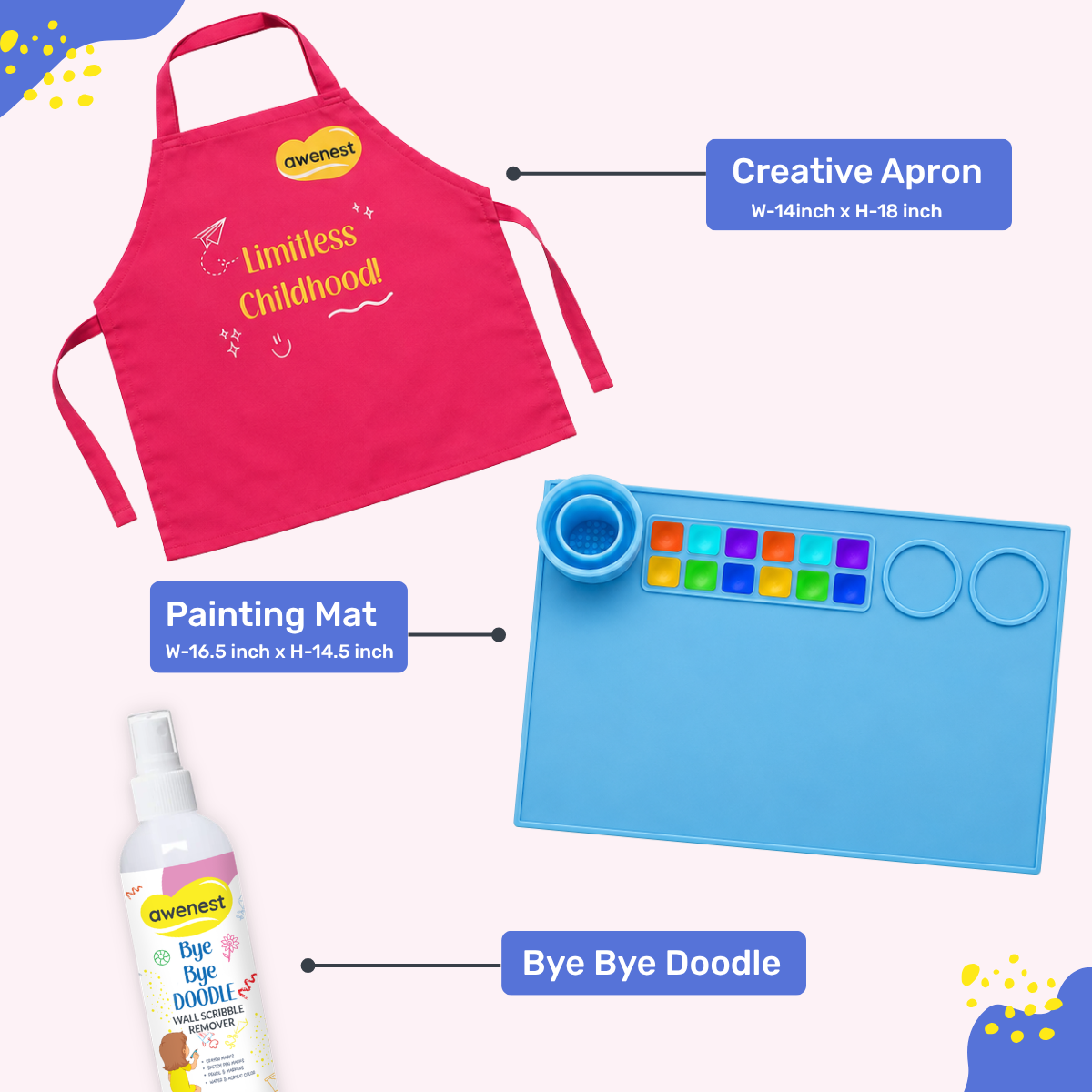 Kids Painting Kit with Apron, Silicone Art Mat & Scribble Remover | Mess-Free Creative Play | Awenest
