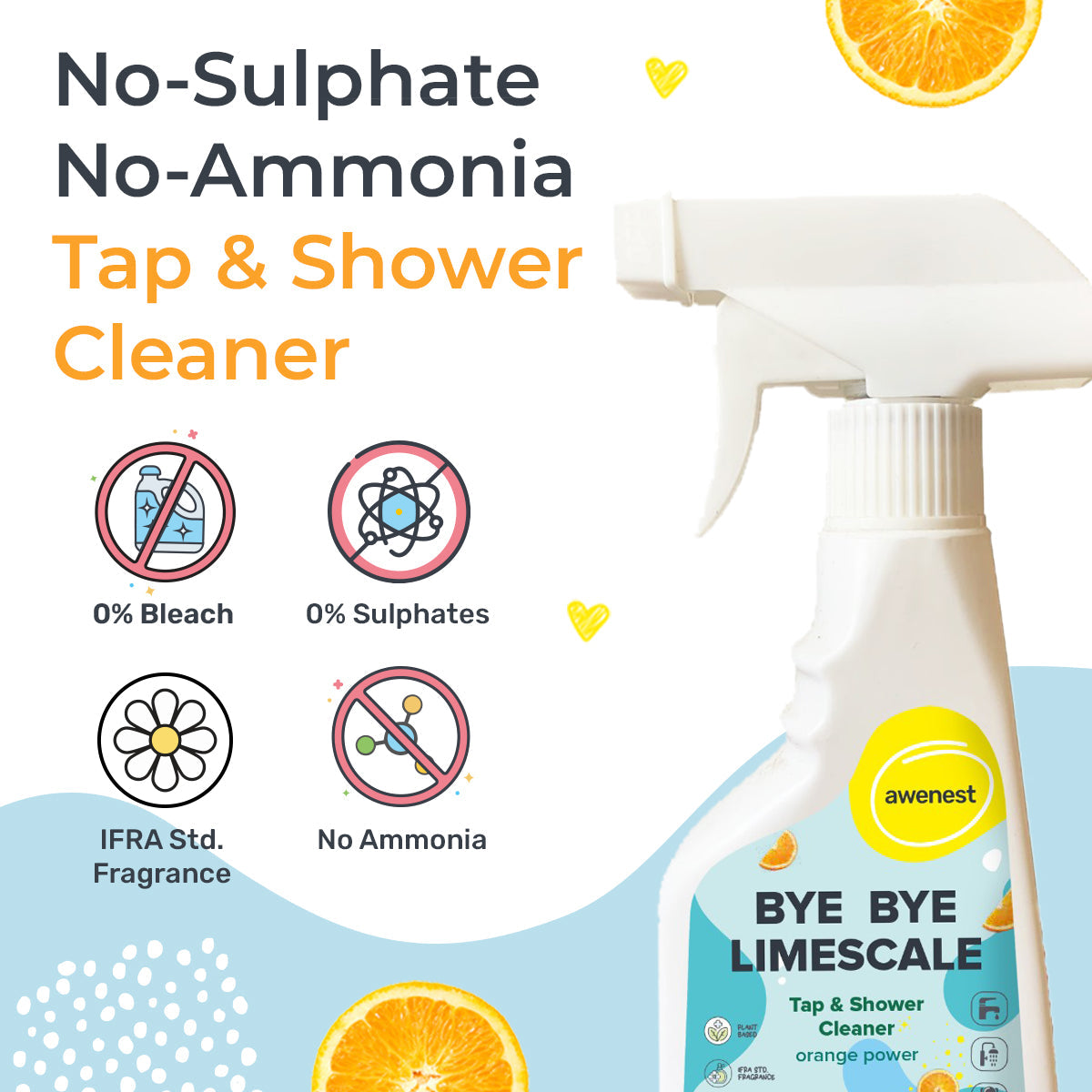 Tap and Shower Cleaner with Orange Power | Tough Limescale Remover for Taps, Showers, Tiles, Electric Kettle | Sulphate-free | Ammonia-free awenest