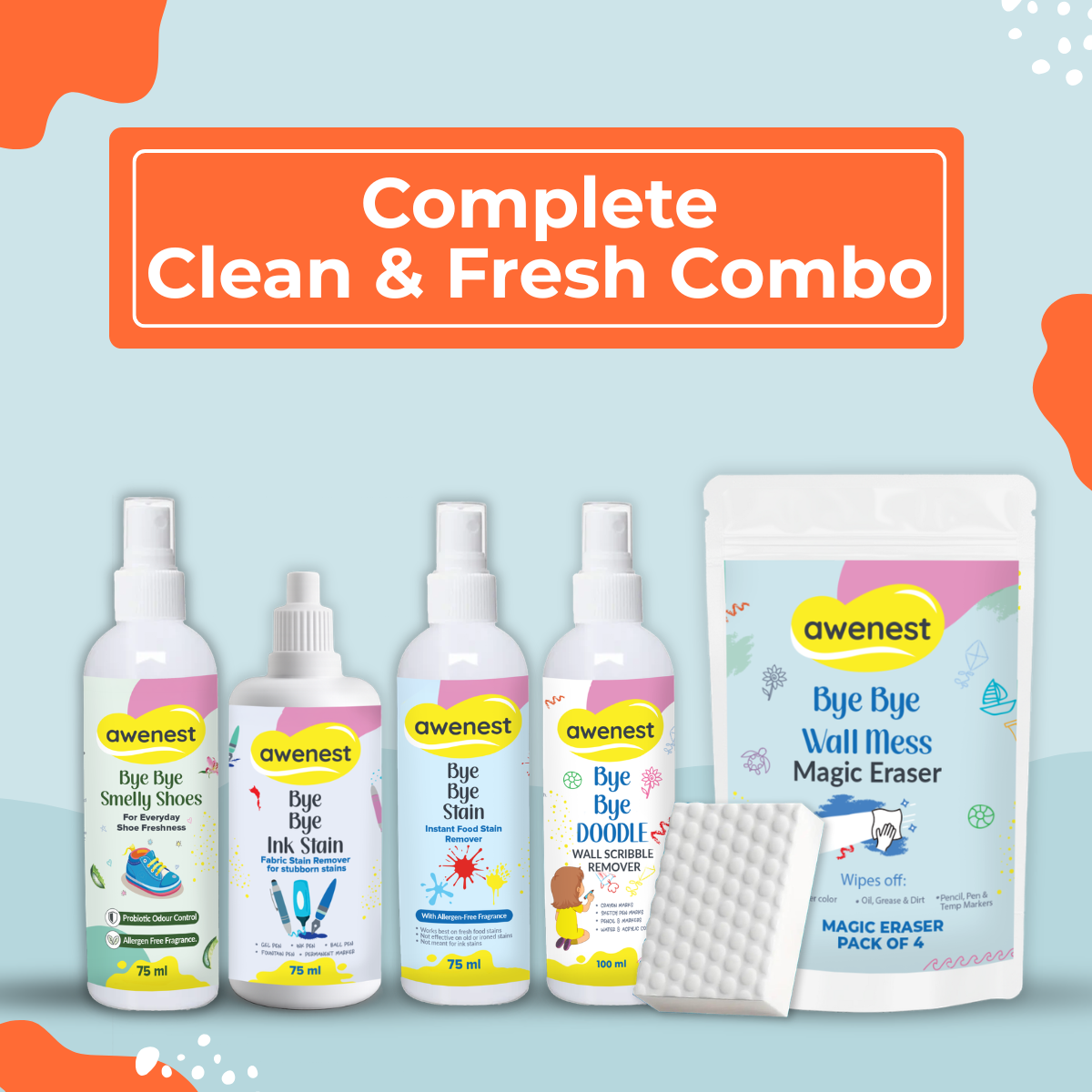 What a Mess! Super Combo - Bye Bye Stain x2 + Bye Bye Doodle x2 + Magic Eraser x4 + Ink Stain 75 ml + Bye Bye Smelly Shoes