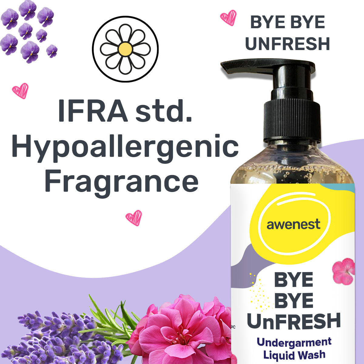 Undergarment Liquid Wash Detergent -Bye Bye UnFresh | Plant-based Bioactives | Geranium and Lavender | Removes Tough Stains | No Toxic Residue | Germ Protection