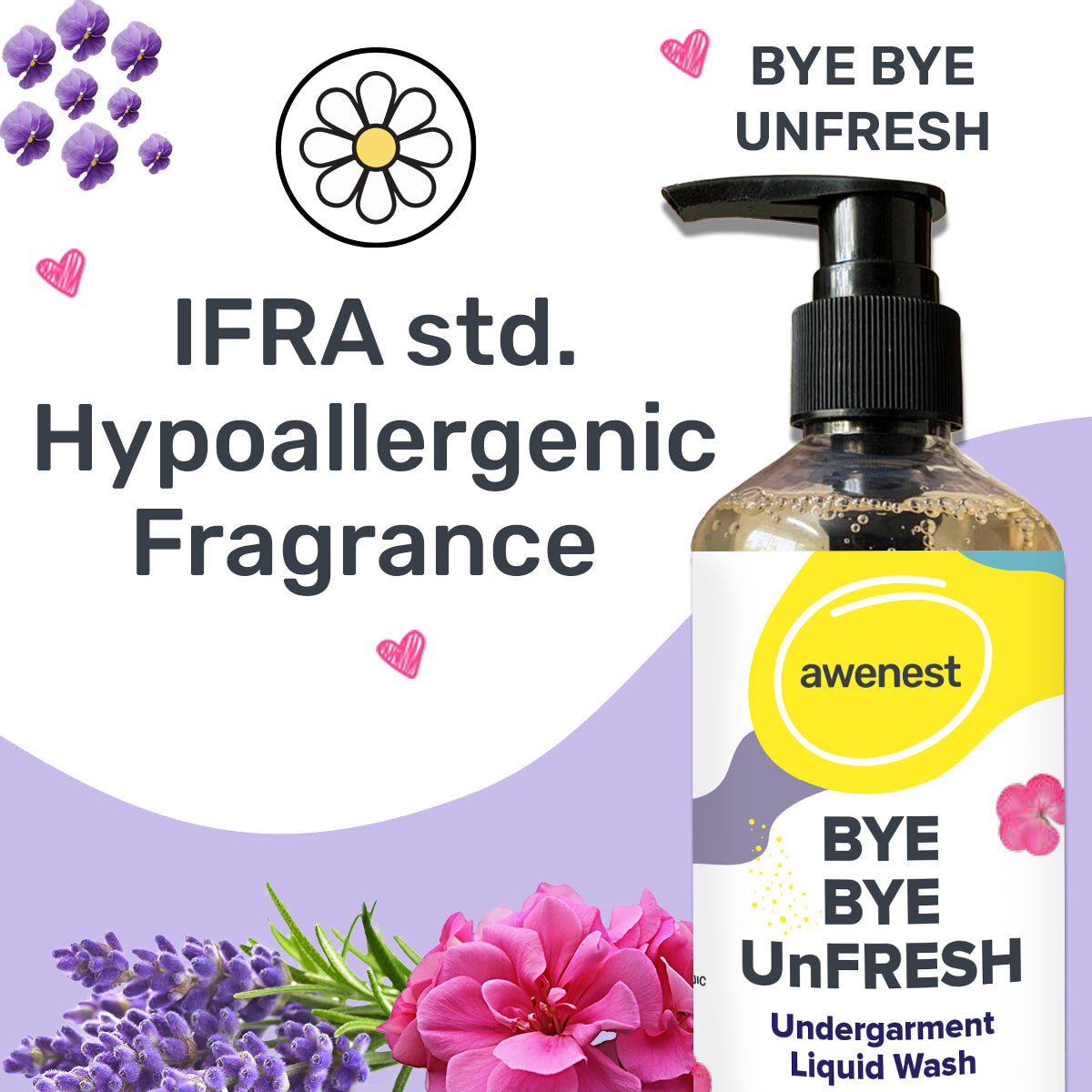 Undergarment Liquid Wash Detergent -Bye Bye UnFresh | Plant-based Bioactives | Geranium and Lavender | Removes Tough Stains | No Toxic Residue | Germ Protection awenest