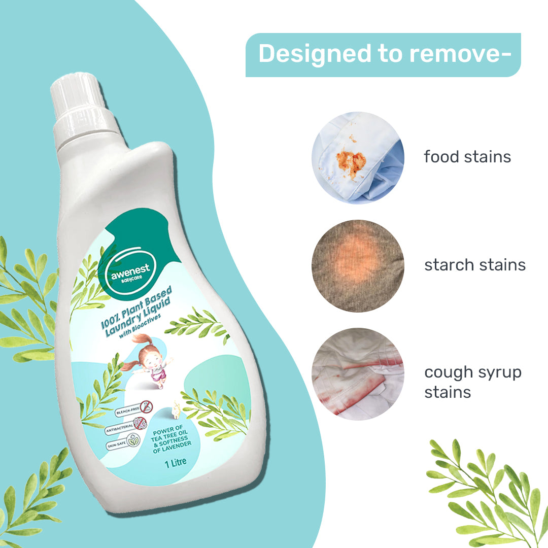 awenest baby laundry liquid detergent designed to remove food, starch, and cough syrup stains