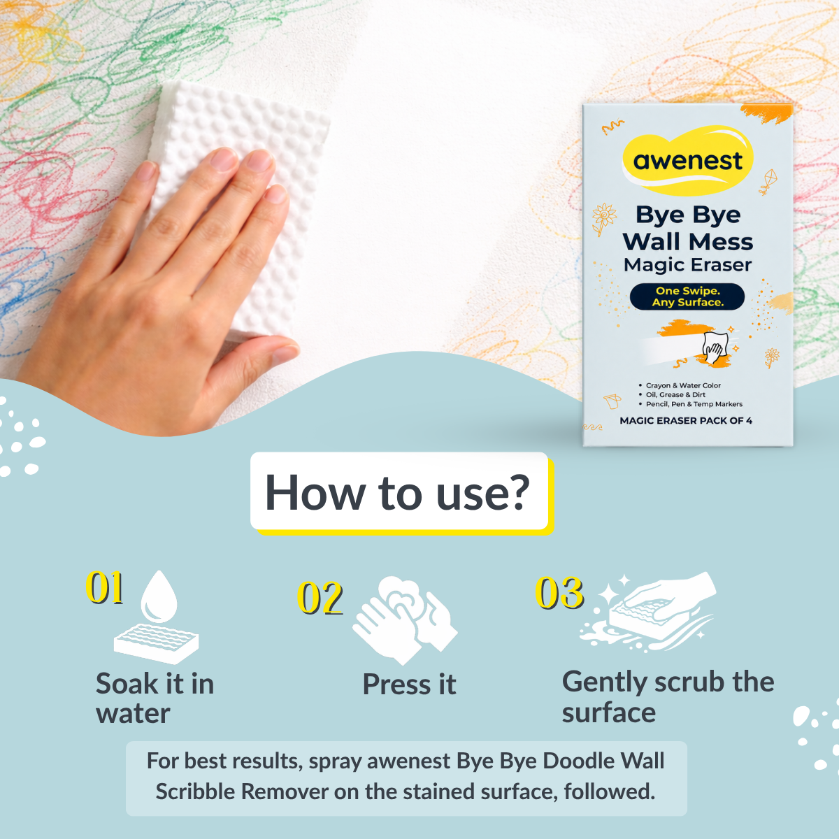 Magic Eraser - Bye Bye Wall Mess Sponge Eraser | Magic Cleaning Sponge | Removes Crayon, Pencil, Marker & Grease | For Walls, Tiles & Laminates