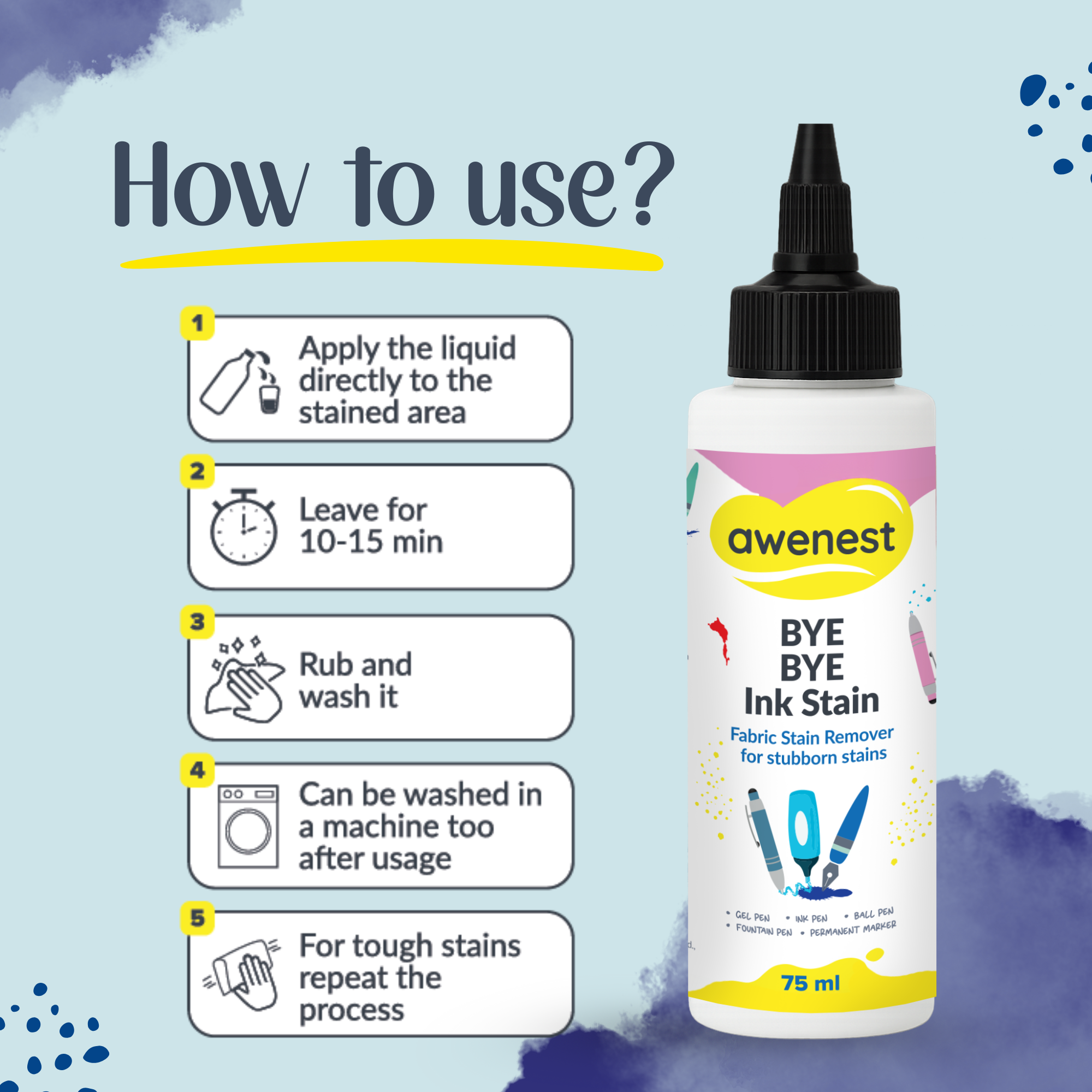 Instant Ink Stain Remover - awenest Bye Bye Ink Stain, works on Ink, Marker Stains on Clothes