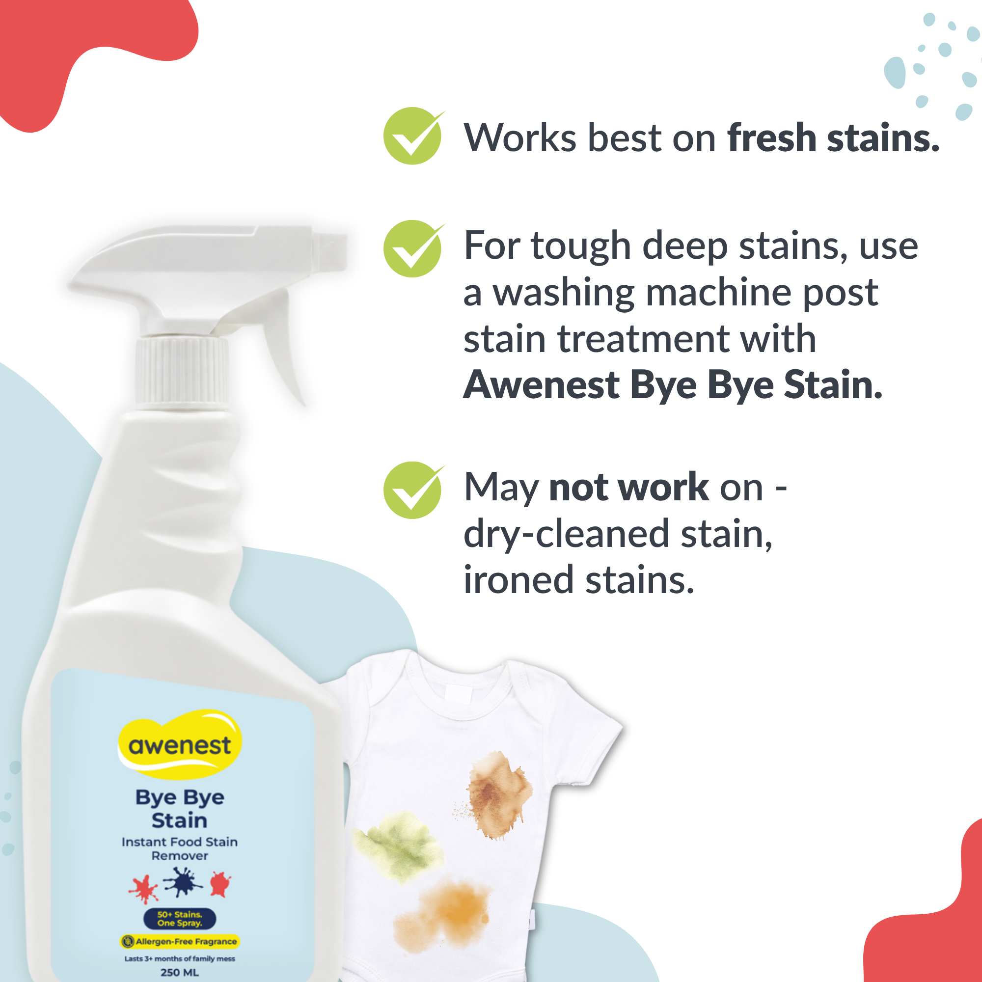 Bye Bye Stain 250 ml - Instant Stain Remover Fabric Spray for 50+ Food Stains