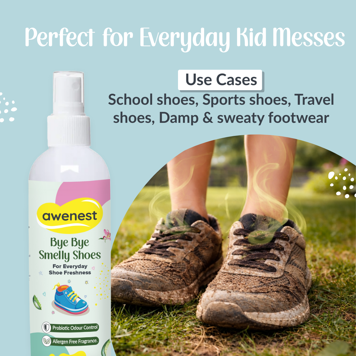 Bye Bye Smelly Shoes Spray | Probiotic Odour Control | Eliminates Shoe Odour at Source | Allergen-Free Fragrance | For Kids & Adults | 75 ml