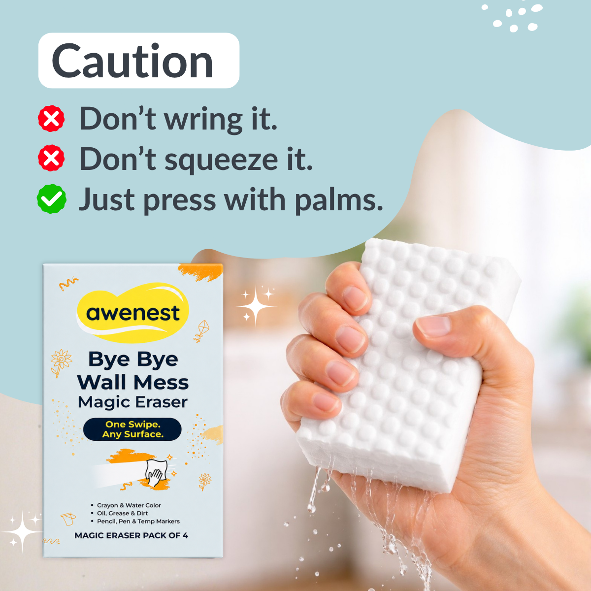 Magic Eraser - Bye Bye Wall Mess Sponge Eraser | Magic Cleaning Sponge | Removes Crayon, Pencil, Marker & Grease | For Walls, Tiles & Laminates