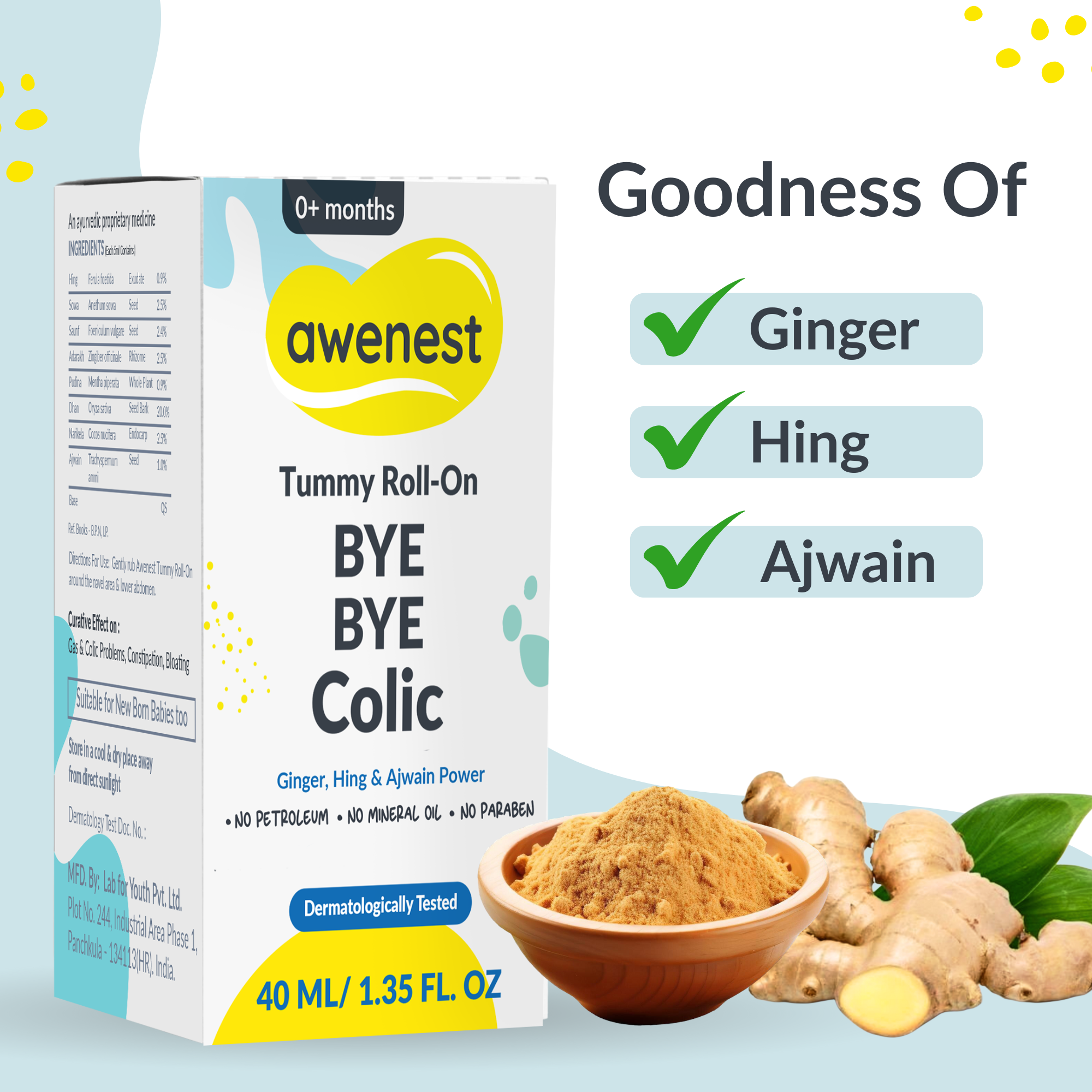 Tummy Roll-On Bye Bye Colic, Ayurvedic Medicine with Ginger, Hing & Ajwain For 0+ years - Pack of 2 awenest