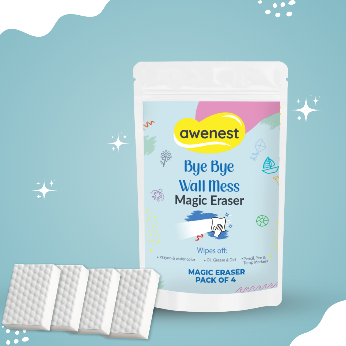 What a Mess! Combo - Bye Bye Stain x2 + Bye Bye Doodle x2 + Magic Eraser x4 + Ink Stain 75 ml