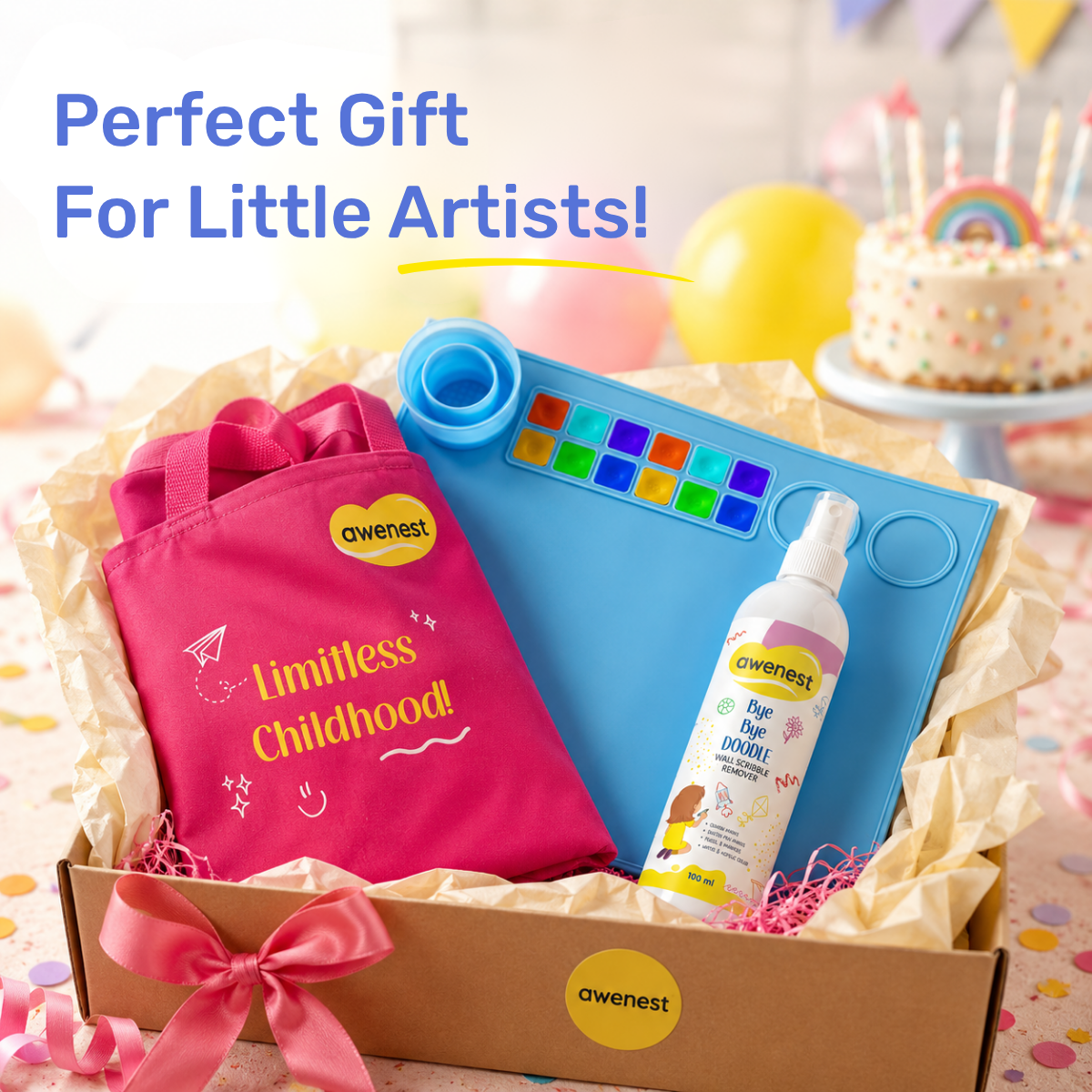 Kids Painting Kit with Apron, Silicone Art Mat & Scribble Remover | Mess-Free Creative Play | Awenest