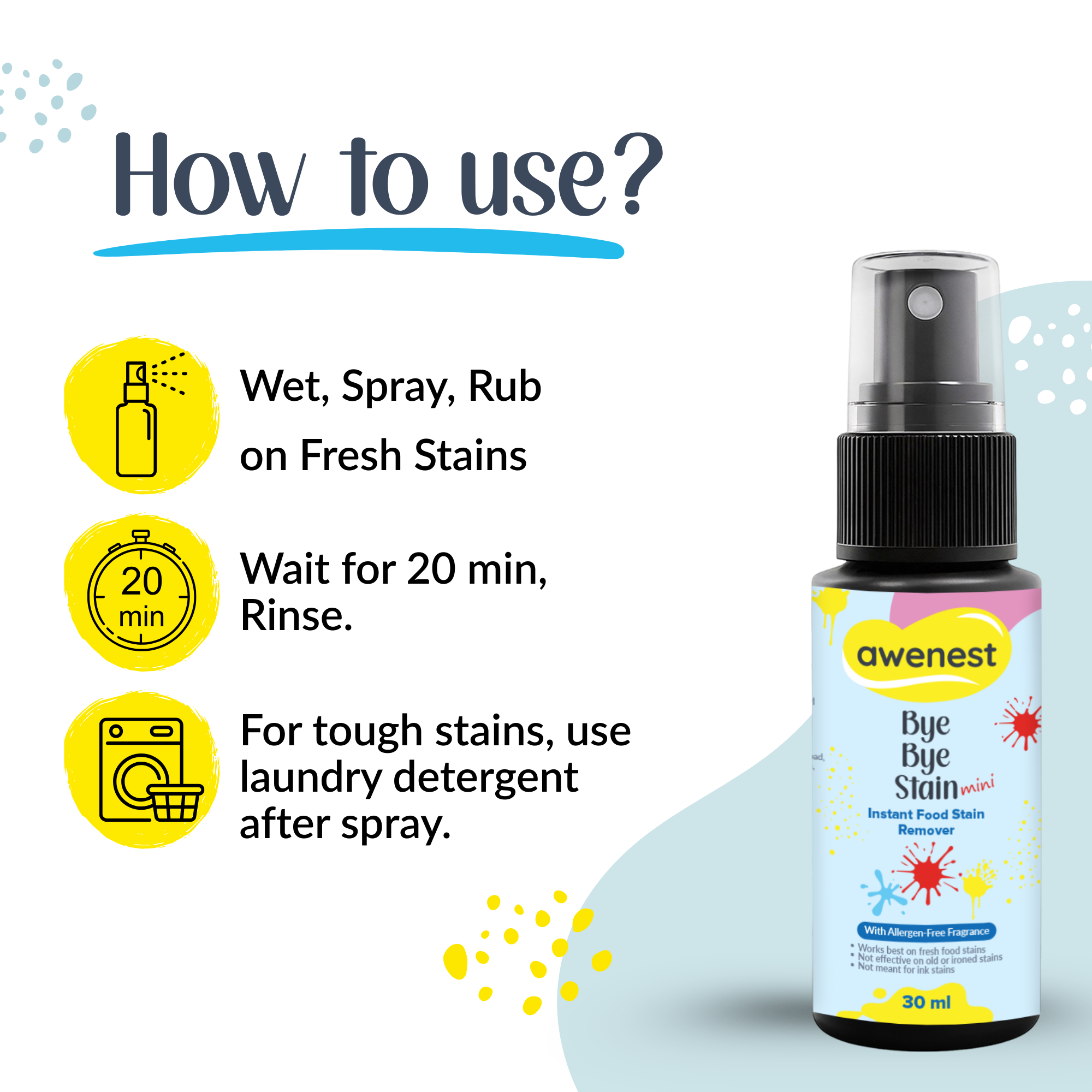 Instant Stain Remover Fabric Spray for Food Stains - awenest Bye Bye Food Stain, works on 50+ Food and Blood Stains on-the-go Pack of 3 x 30 ml