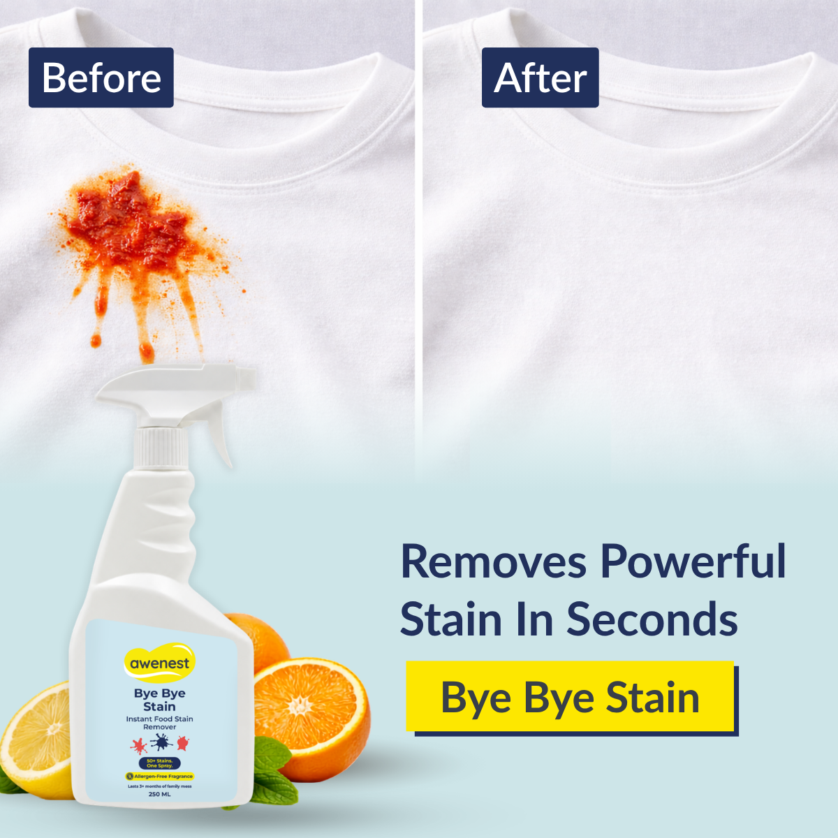 Bye Bye Stain 250 ml - Instant Stain Remover Fabric Spray for 50+ Food Stains