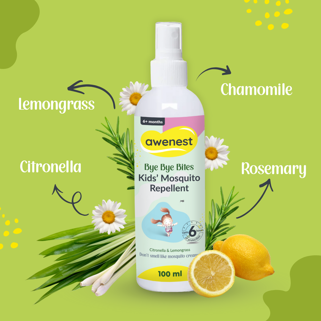 Mosquito Repellent Spray for Kids - awenest Bye Bye Bites | Citronella & Lemongrass Oils, DEET-Free | Safe for Babies 6+ Months | Skin-Friendly, Natural Insect Protection for Indoor & Outdoor Use