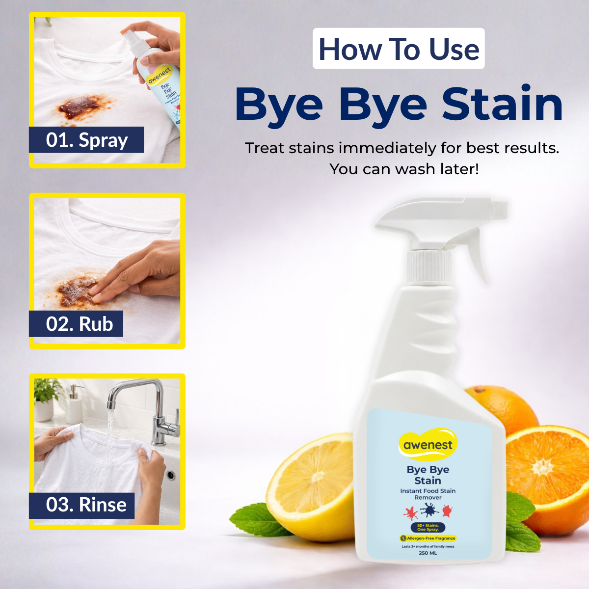 Bye Bye Stain 250 ml - Instant Stain Remover Fabric Spray for 50+ Food Stains