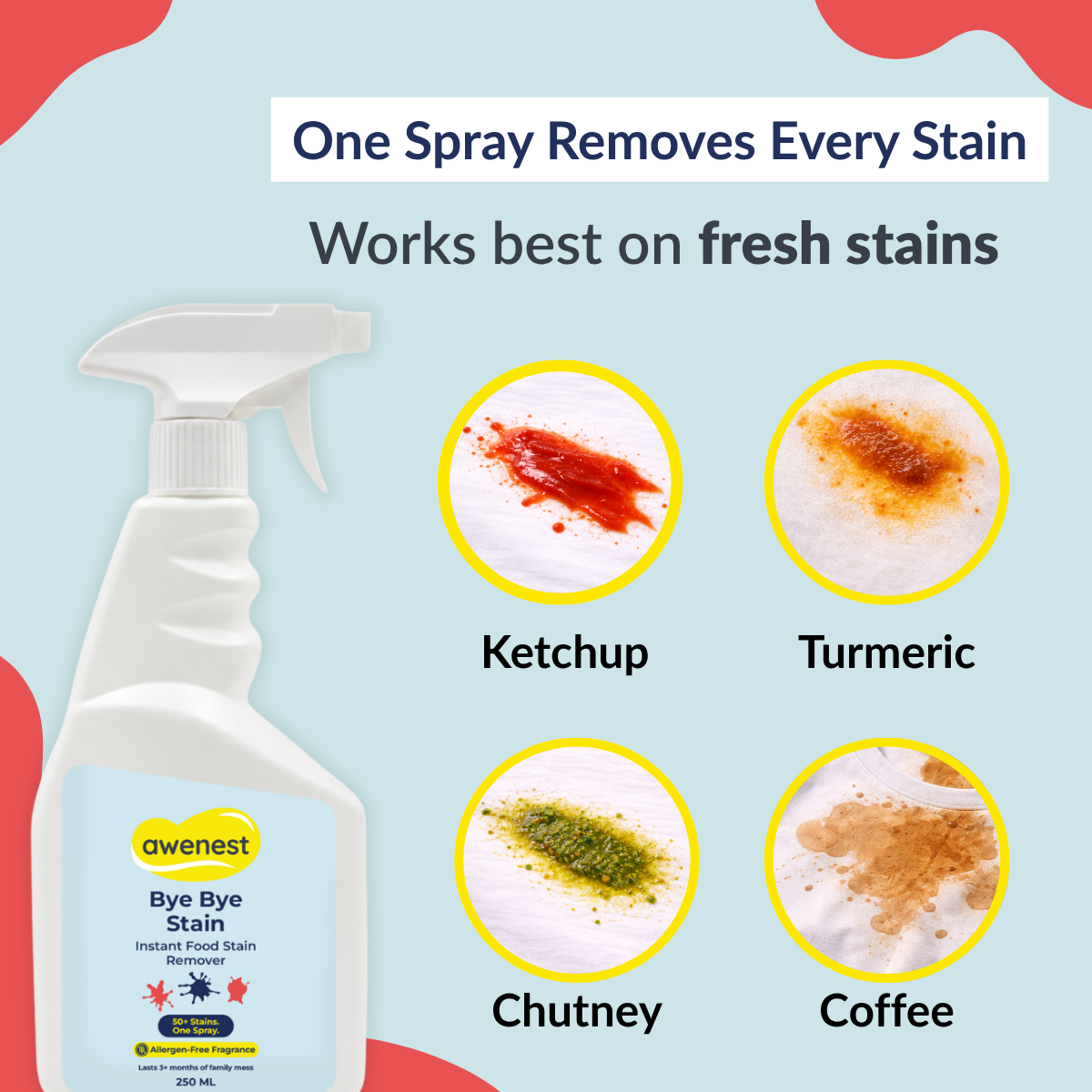 Bye Bye Stain 250 ml - Instant Stain Remover Fabric Spray for 50+ Food Stains