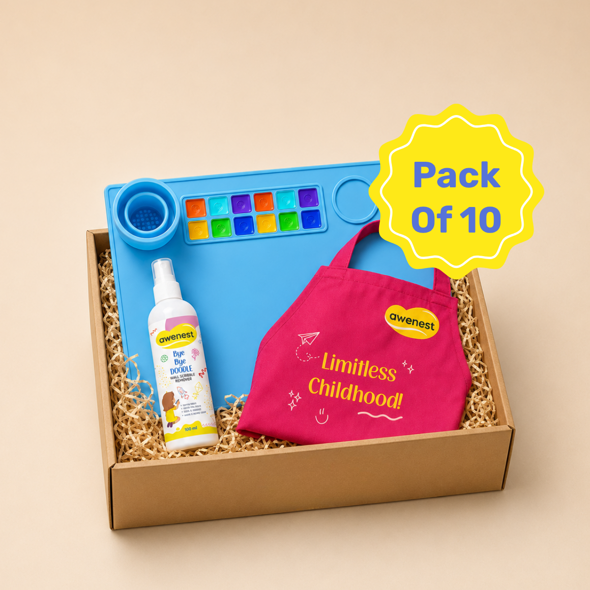 Pack of 10 Kids Art Kit with Apron, Silicone Art Mat & Scribble Remover | Mess-Free Creative Play | Awenest