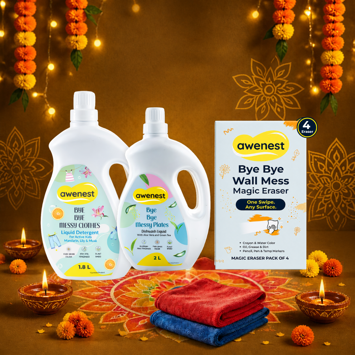 Diwali Cleaning Combo - 2 Liter Dishwash, 1.8 Liter Laundry, Magic Eraser Pack of 4, Microfiber Cleaning Cloth - Pack of 2