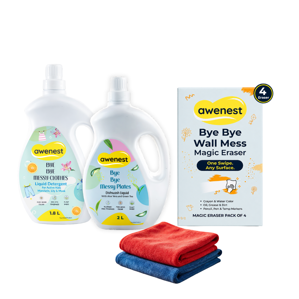 Diwali Cleaning Combo - 2 Liter Dishwash, 1.8 Liter Laundry, Magic Eraser Pack of 4, Microfiber Cleaning Cloth - Pack of 2
