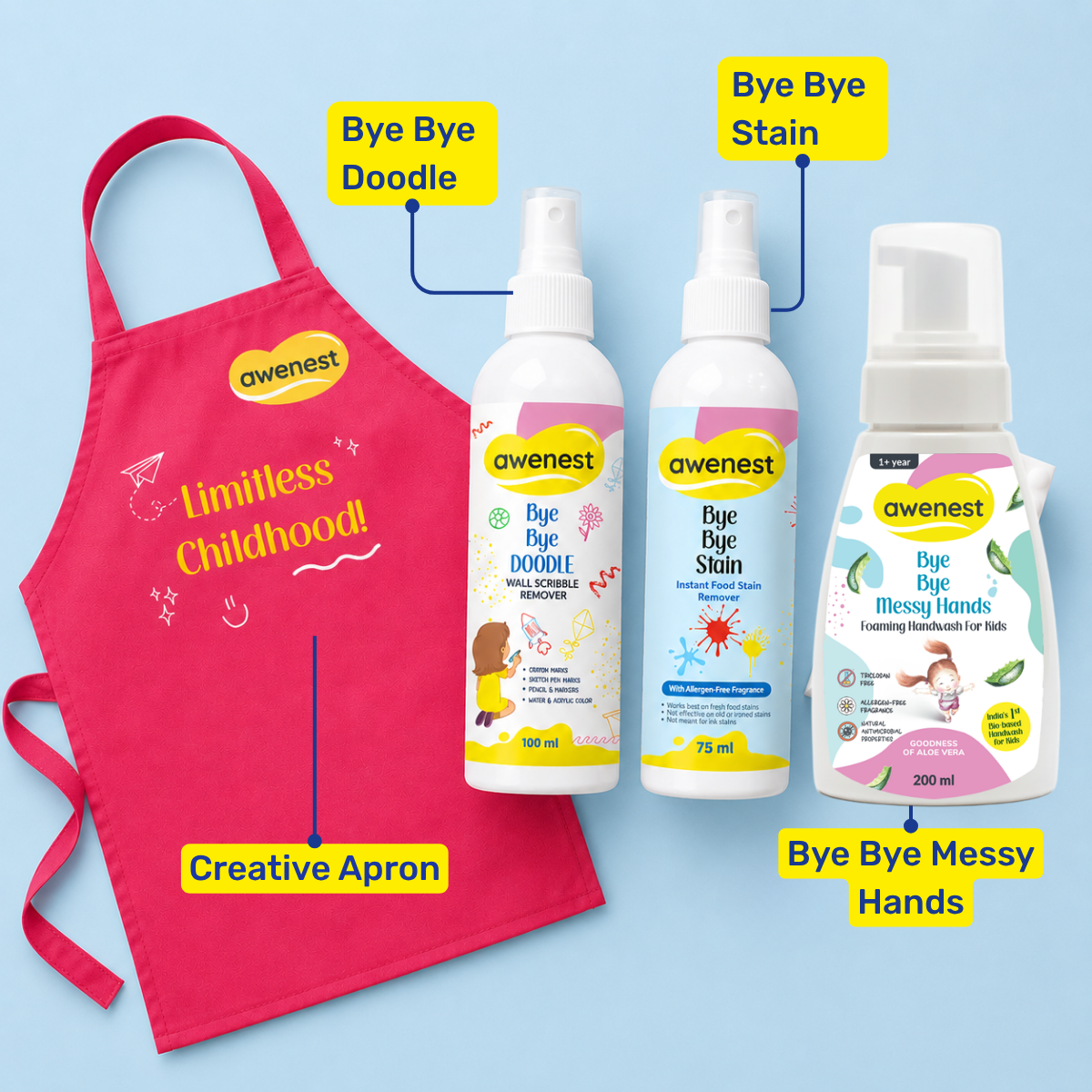 Kids Mess-Free Creative Combo | Creative Apron, Doodle Remover, Stain Remover & Handwash by Awenest
