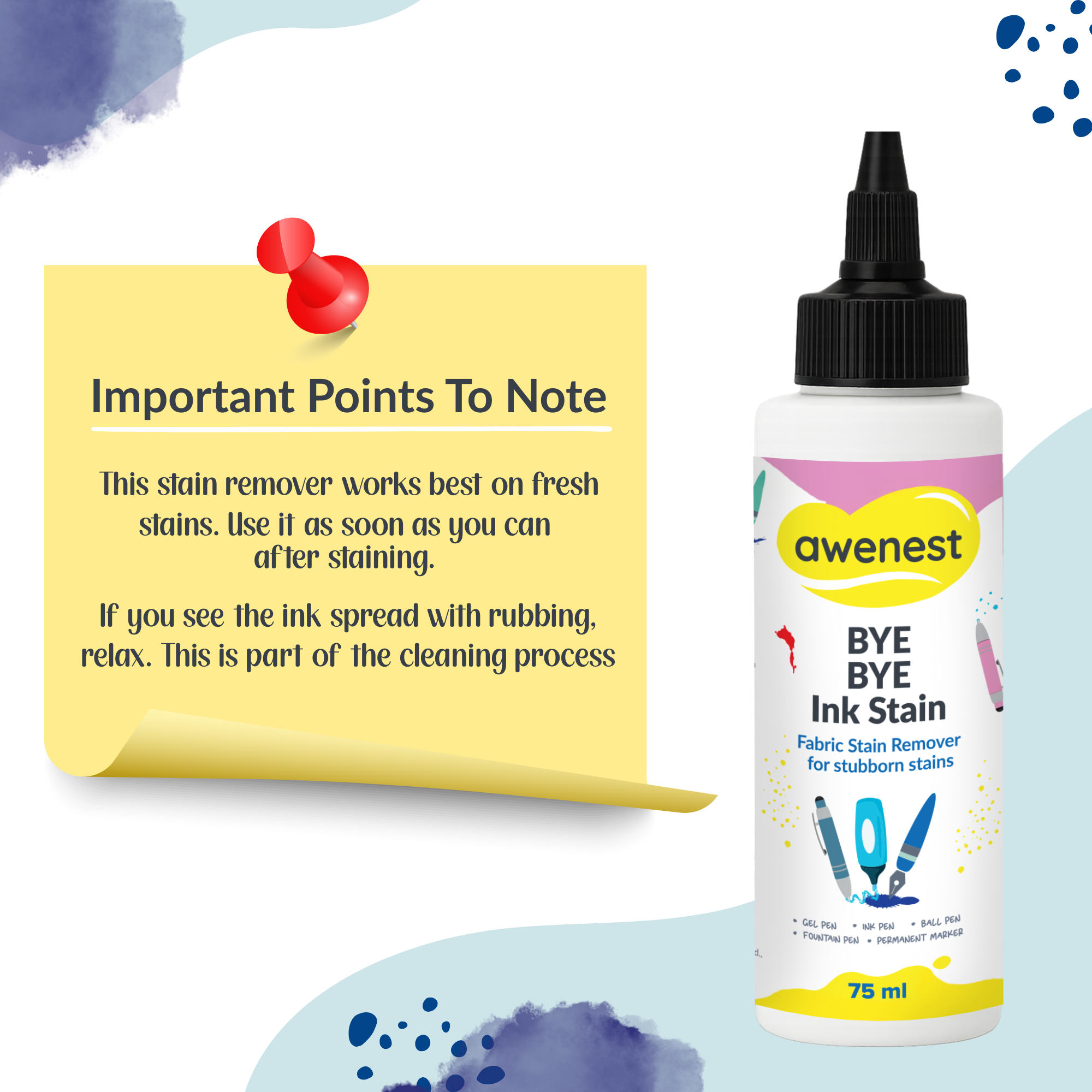 Instant Ink Stain Remover - awenest Bye Bye Ink Stain, works on Ink, Marker Stains on Clothes