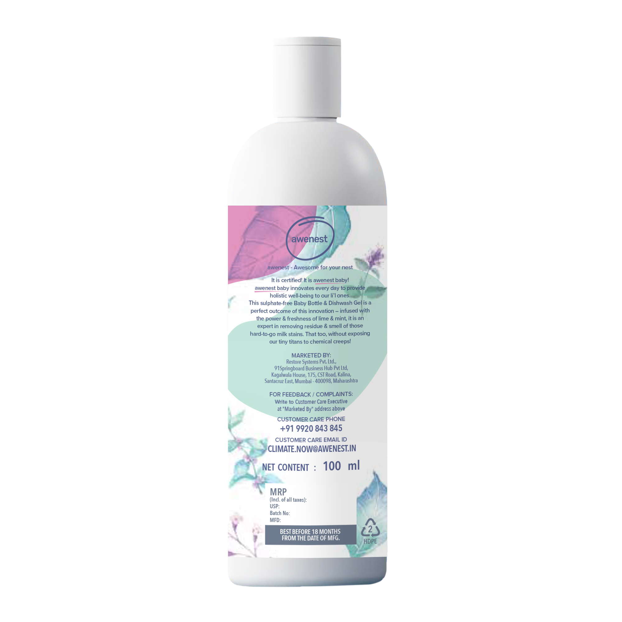 Baby Bottle Cleanser and Dishwash - 100 ml, 100% Sulphate-free awenest