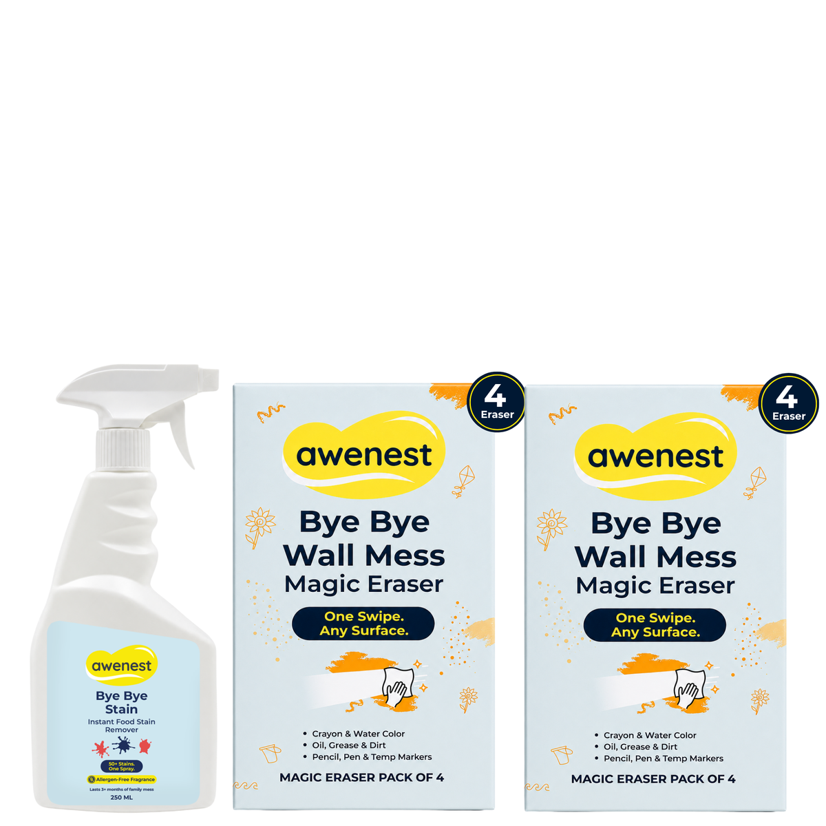 Bye Bye Stain Magic Eraser Combo- 250ml Stain Remover Fabric Spray and Magic Eraser Pack of 8