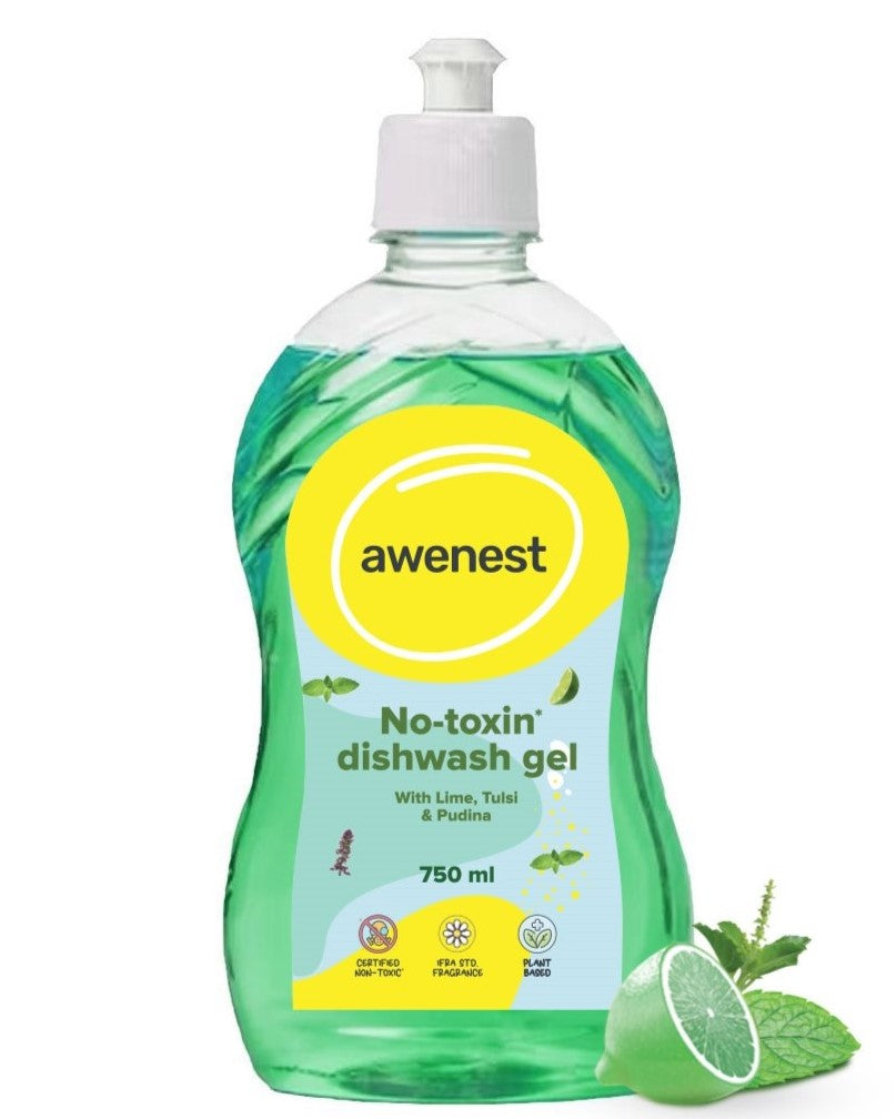 Lime, Tulsi and Pudina Dishwash Liquid Gel, Organic, No-Toxin Dishwash Gel, Tough on Grease, Easy on Hands