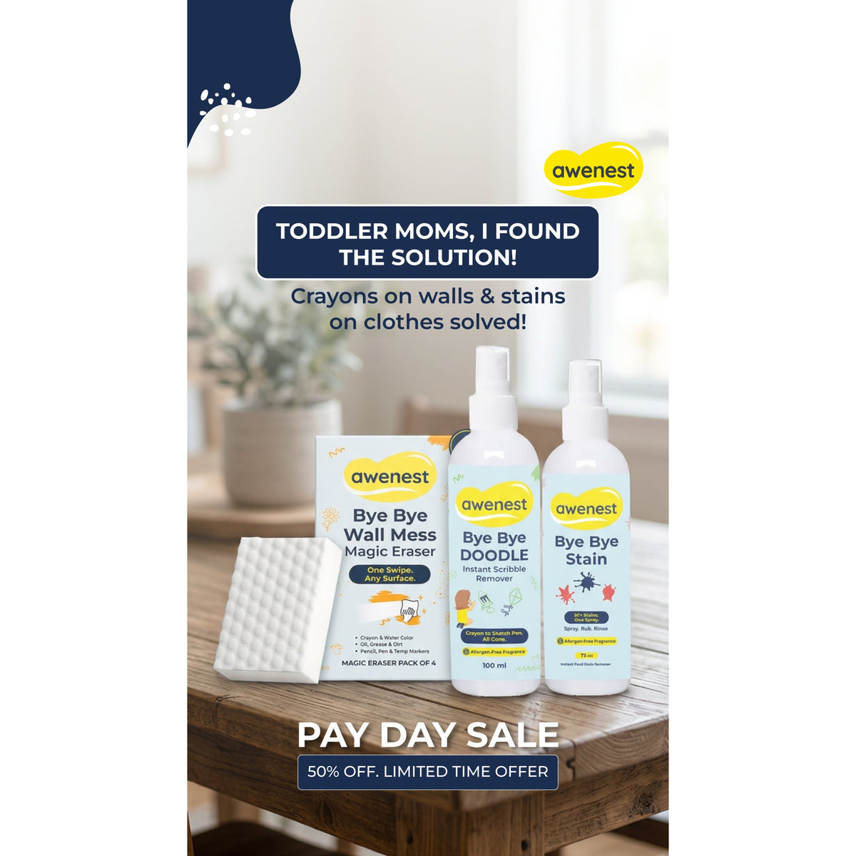 Shark Stain Remover New Combo - Bye Bye Stain (75ml), Bye Bye Doodle (100ml) and Magic Eraser (8 pcs) Combo