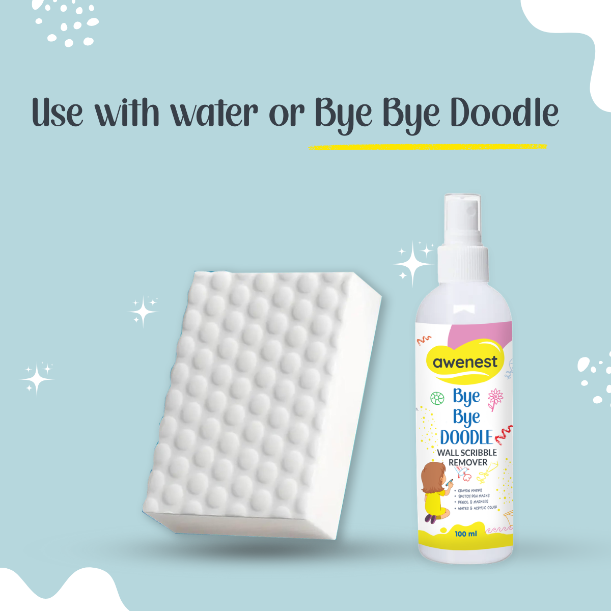 Bye Bye Wall Mess Sponge Eraser | Magic Cleaning Sponge | Removes Crayon, Pencil, Marker & Grease | For Walls, Tiles & Laminates | Pack of 1