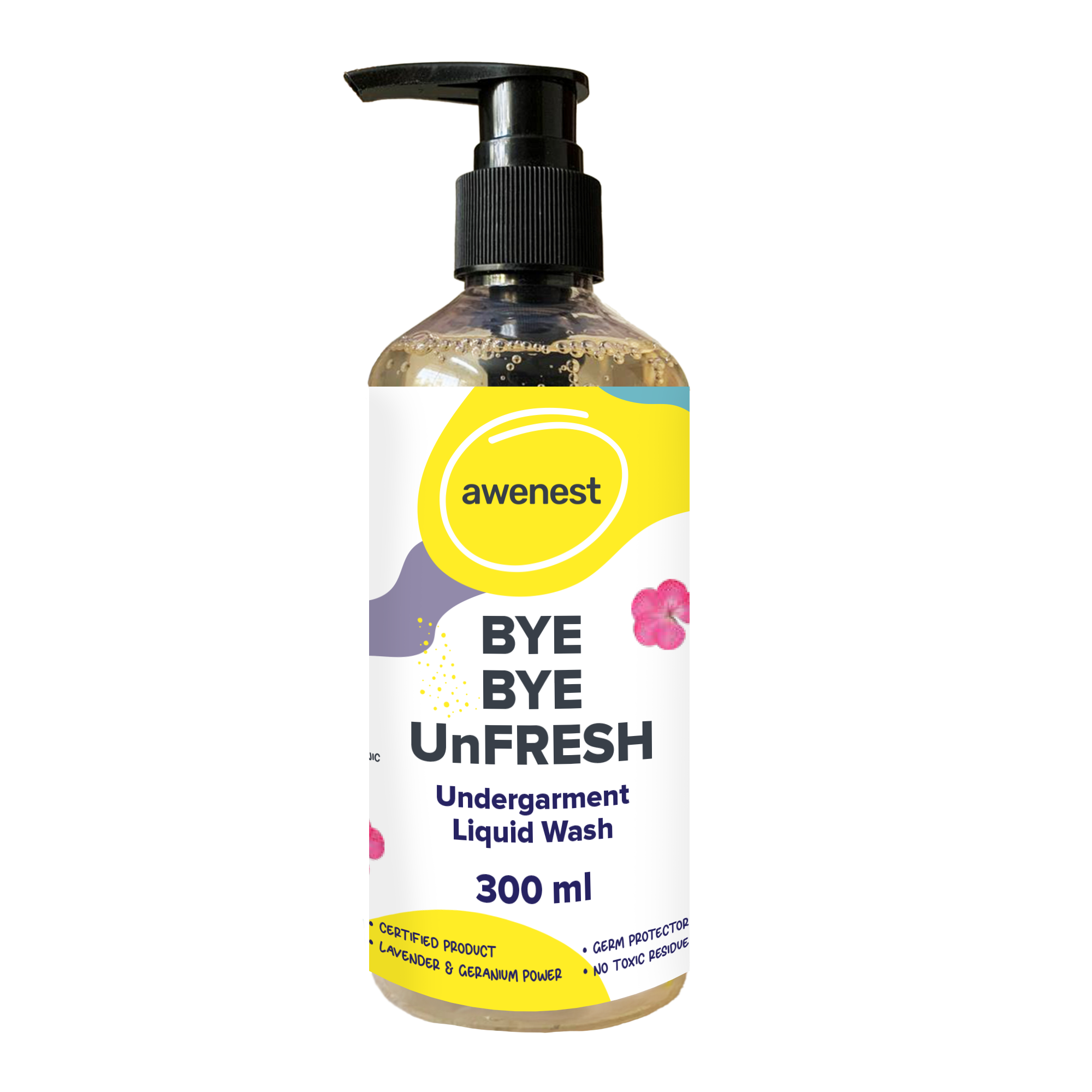 Undergarment Liquid Wash Detergent -Bye Bye UnFresh | Plant-based Bioactives | Geranium and Lavender | Removes Tough Stains | No Toxic Residue | Germ Protection awenest