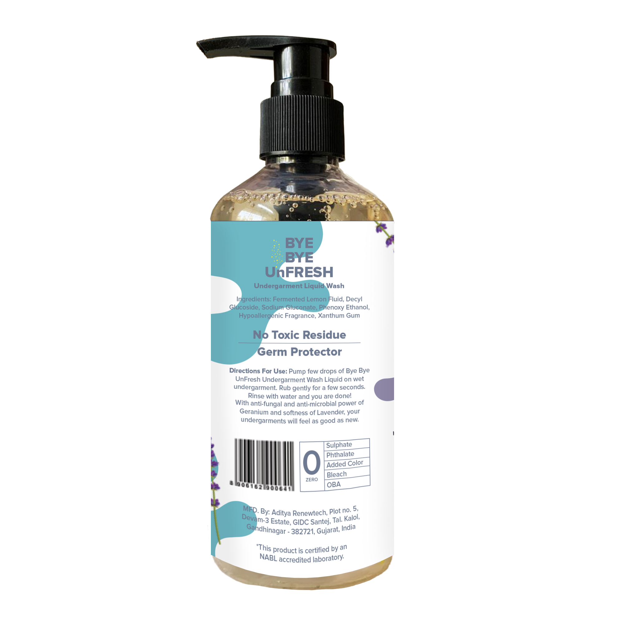 Undergarment Liquid Wash Detergent -Bye Bye UnFresh | Plant-based Bioactives | Geranium and Lavender | Removes Tough Stains | No Toxic Residue | Germ Protection